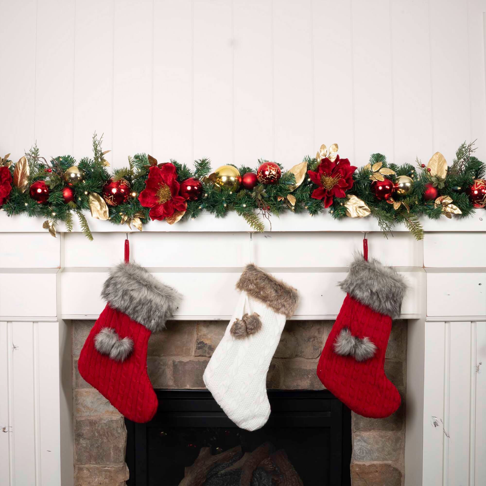 9 ft. Pre-Lit LED Golden Leaf Red Magnolia Artificial Christmas Garland